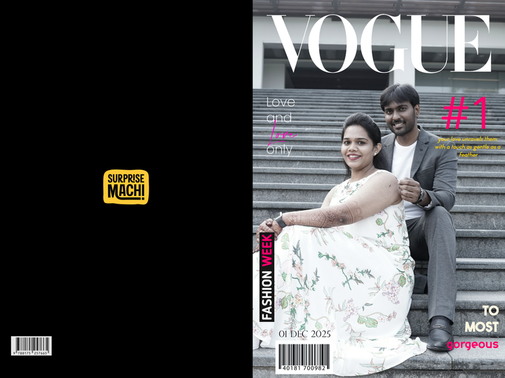 Customized Surprisemachi magazine gift with a colorful cover design, featuring personalized text and images on a 12x16 inch page.