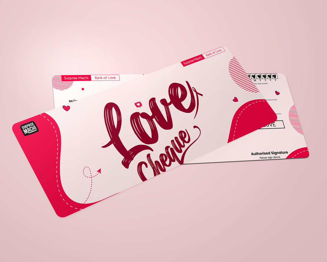 Surprisemachi LOVE CHEQUE gift certificate with elegant design, perfect for gifting special moments or romantic occasions.