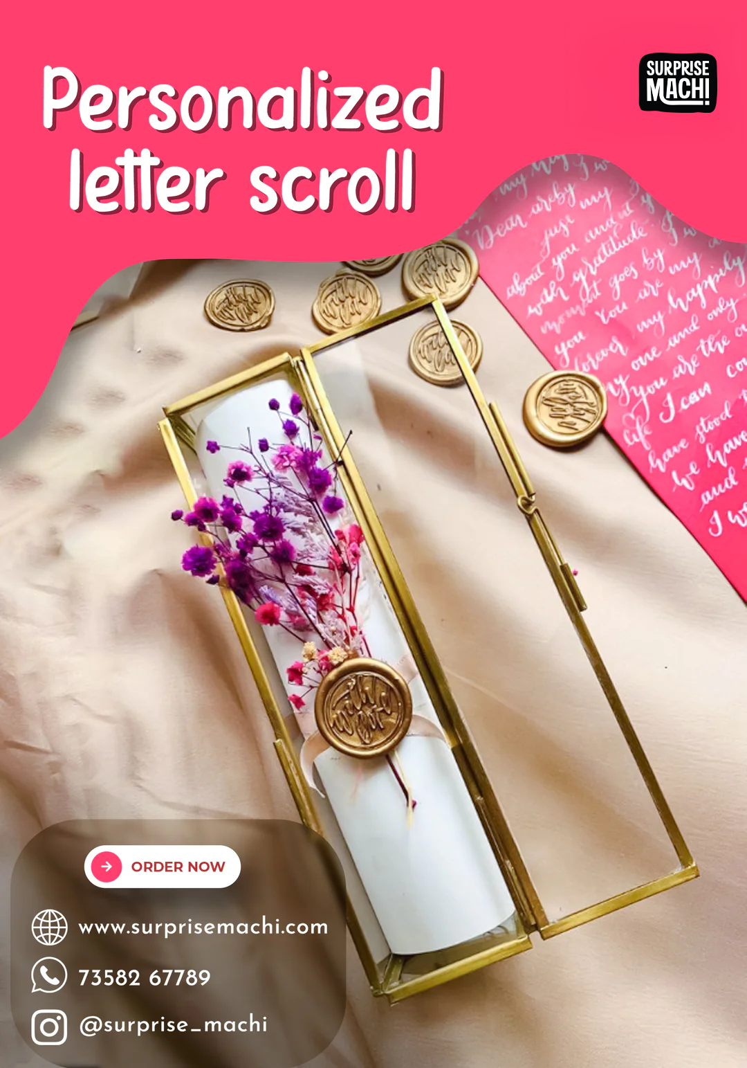 Personalized love letter scroll gift from Surprisemachi with elegant handwritten script on parchment paper.